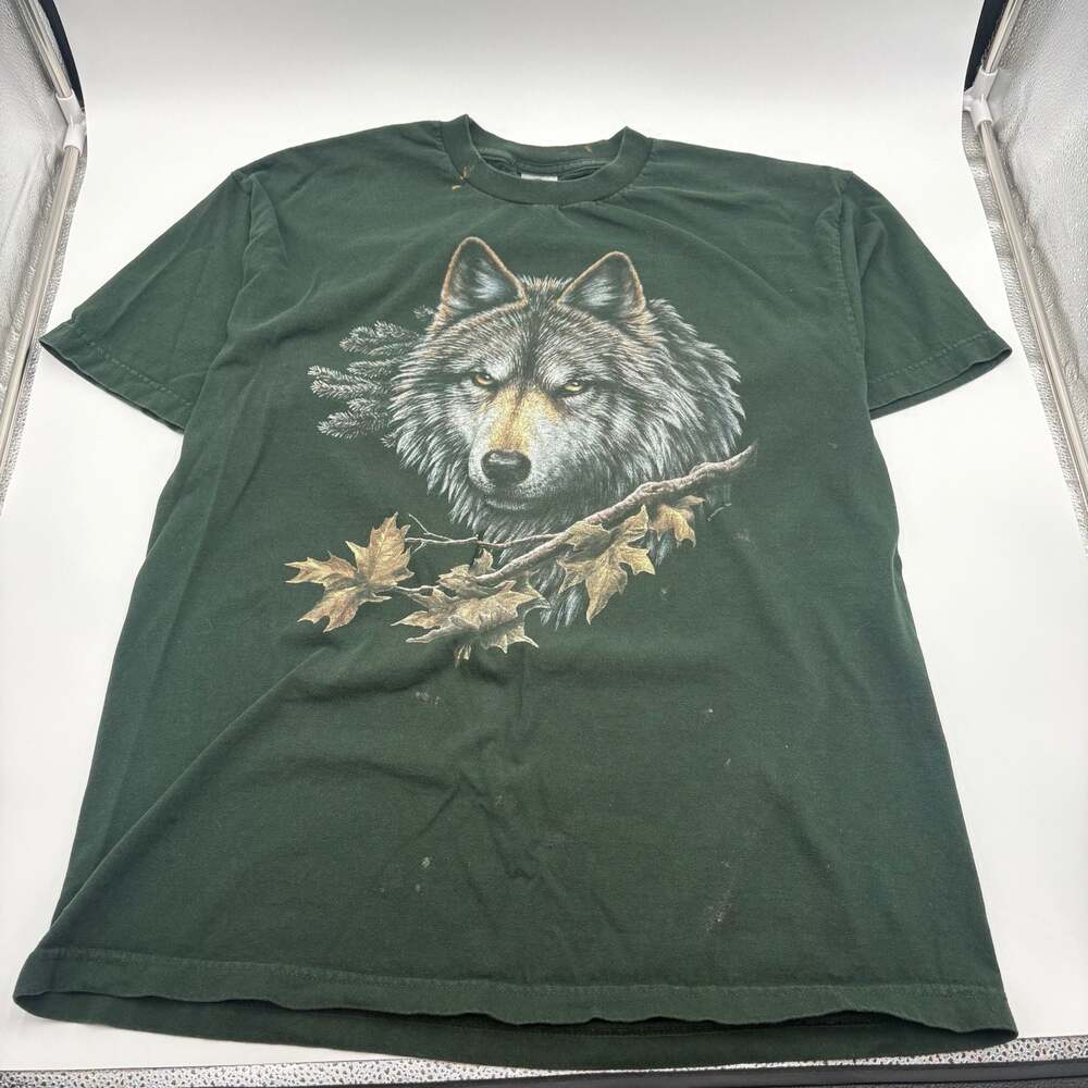 Vintage 90s Human-i-Tees Wolf Graphic Forest Green T-Shirt XL